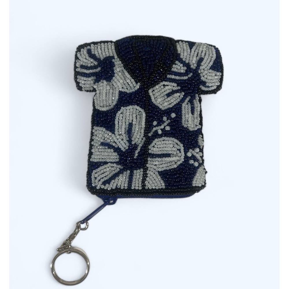 UNIQUE Hawaiian shirt seed bead coin purse RARE FIND Blue White